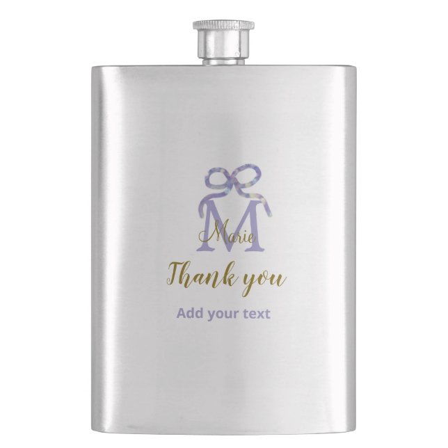 Purple glitter bow add name letter monogram thank  hip flask (Front)