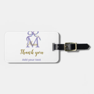 Purple glitter bow add name letter monogram thank luggage tag