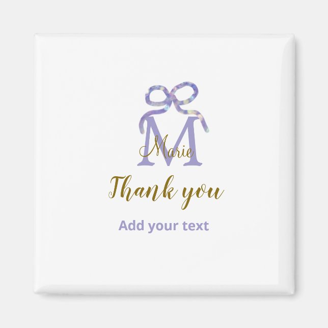 Purple glitter bow add name letter monogram thank  magnet (Front)