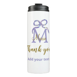 Purple glitter bow add name letter monogram thank thermal tumbler