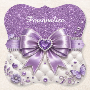 Purple Glitter Bow Heart Personalised Glam Design Paper Coaster