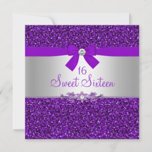 Purple Glitter & Bow Sweet Sixteen Invite