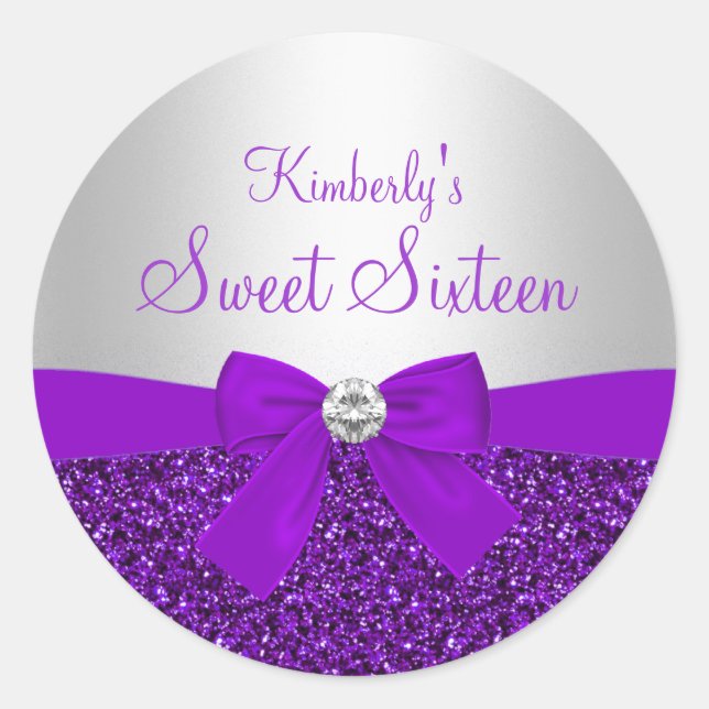 Purple Glitter & Bow Sweet Sixteen Sticker (Front)