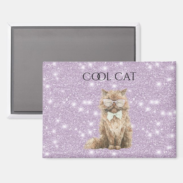 Purple Glitter Brown Cool Cat Glasses   Magnet (Front/Back)