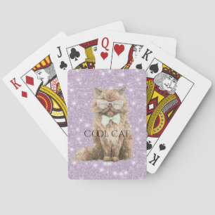 Purple Glitter Brown Cool Cat with Glasses Playing Cards
