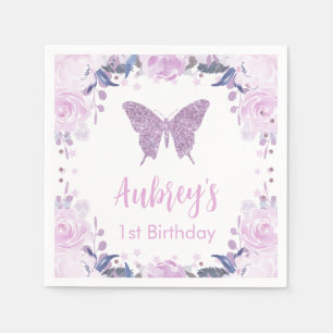 Purple glitter Butterfly Birthday Paper Napkin