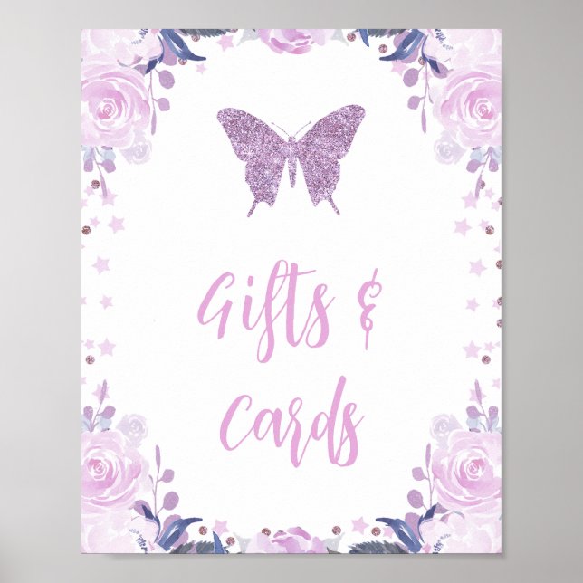 Purple Glitter Butterfly Cards and Gifts Birthday Poster (Front)