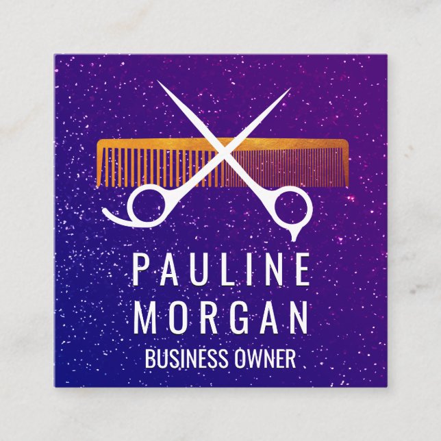 Purple Glitter | Comb and Scissors Square Business Card (Front)