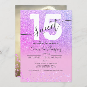 Purple glitter confetti pink Quinceanera photo Invitation