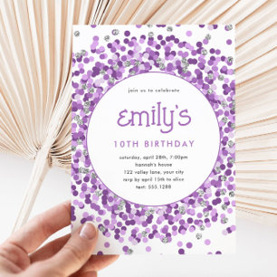 Purple Glitter Confetti Playful Birthday Invitation