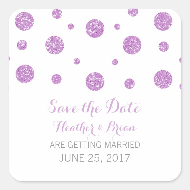 Purple Glitter Confetti Save the Date Stickers (Front)