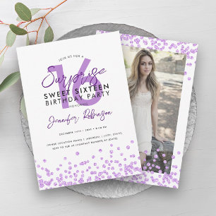 Purple Glitter Confetti Surprise Sweet 16 Invitation
