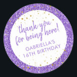 Purple Glitter Confetti Thank You Bday Favour Classic Round Sticker<br><div class="desc">Purple glitter and Gold Confetti sparkly personalised thank you favour stickers for a fun and girly birthday party. Text is editable and they are perfect for a girl's 1st 5th, or 8th birthday, or a big girl's 13th 15th sweet 16th, 18th or 21st birthday or graduation. The "thank you for...</div>