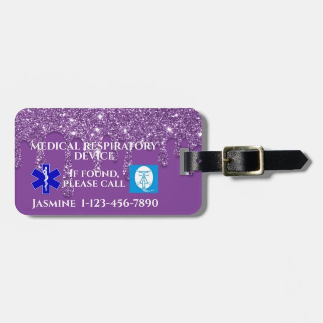 Purple Glitter CPAP Machine Carry-On Luggage Tag (Front Horizontal)