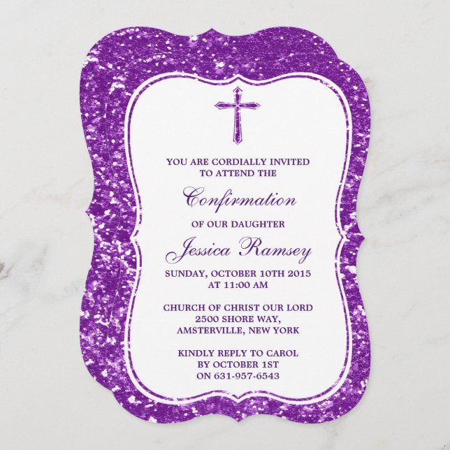 Purple Glitter Cross Holy Communion Confirmation Invitation (Front/Back)