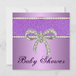 Purple Glitter Diamond Bow Baby Shower Invitation