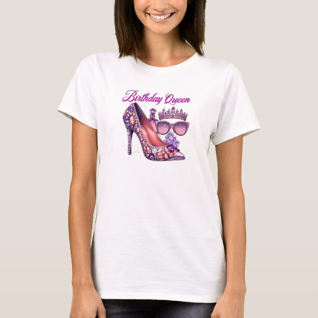 Purple glitter diamond high heel birthday queen  T-Shirt (Front)