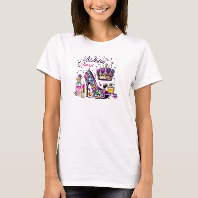 Purple glitter diamond high heel birthday queen  T-Shirt (Front)