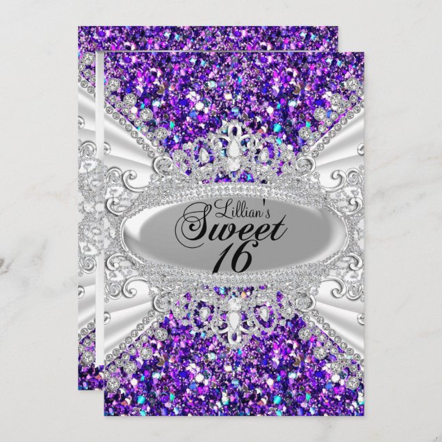 Purple Glitter Diamond Tiara Sweet 16 Invite (Front/Back)