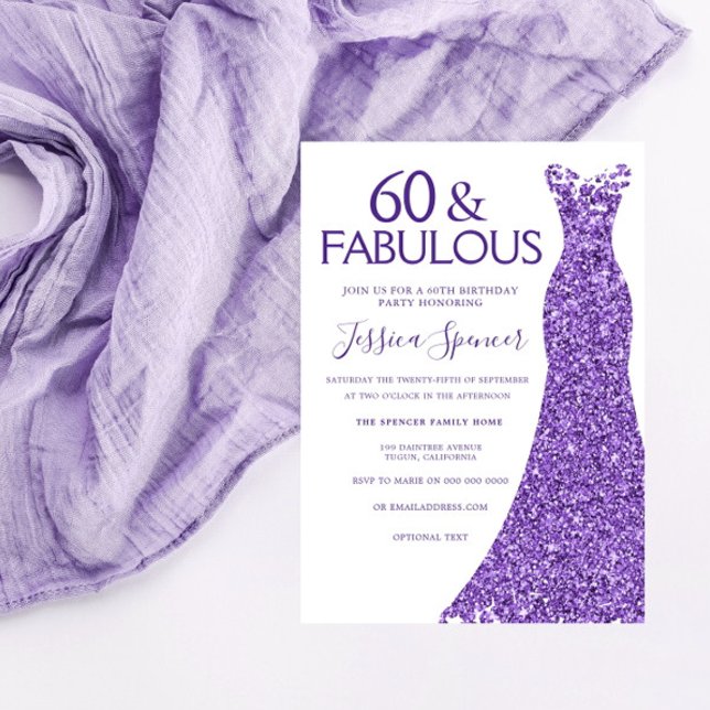 Purple Glitter Dress Womans 60th Birthday Party Invitation (Creator Uploaded)