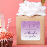 Purple Glitter Drip 18th Birthday Party Thank You Square Sticker<br><div class="desc">These chic 18th birthday party thank-you stickers feature a sparkly purple faux glitter drip border and purple ombre background. The words "Thank you for coming!" appear in purple. Personalise them with her name in handwriting script,  along with her birthday and date below.</div>
