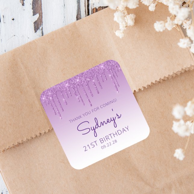 Purple Glitter Drip 21st Birthday Thank You Square Sticker (Creator Uploaded)