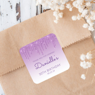 Purple Glitter Drip 30th Birthday Thank You Square Sticker