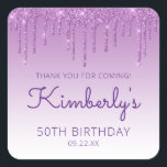 Purple Glitter Drip 50th Birthday Party Thank You Square Sticker<br><div class="desc">These chic 50th birthday party thank-you stickers feature a sparkly purple faux glitter drip border and purple ombre background. The words "Thank you for coming!" appear in purple. Personalise them with her name in handwriting script,  along with her birthday and date below.</div>