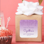 Purple Glitter Drip 60th Birthday Party Thank You Square Sticker<br><div class="desc">These chic 60th birthday party thank-you stickers feature a sparkly purple faux glitter drip border and purple ombre background. The words "Thank you for coming!" appear in purple. Personalise them with her name in handwriting script,  along with her birthday and date below.</div>