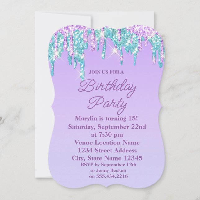 PURPLE  GLITTER DRIP ELEGANT BIRTHDAY INVITATION (Front)