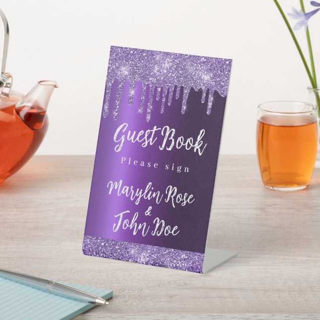 PURPLE GLITTER DRIP ELEGANT WEDDING  PEDESTAL SIGN (In SItu)