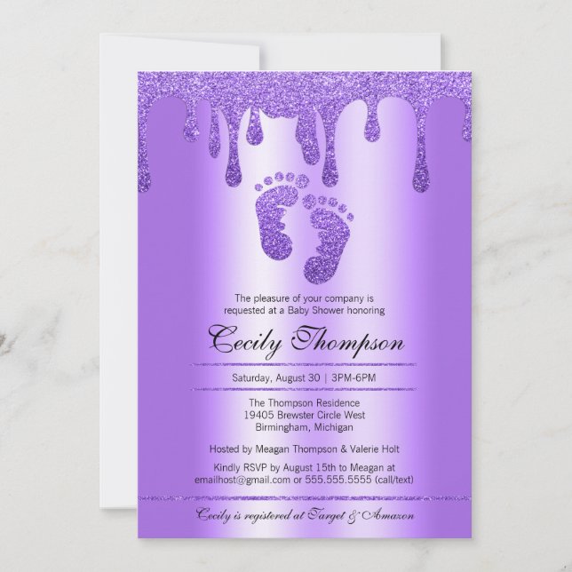 Purple Glitter Drip Luxury Baby Feet Shower Invita Invitation (Front)