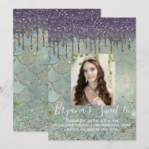 Purple Glitter Drip Mermaid Sweet 16 Photo Invitation