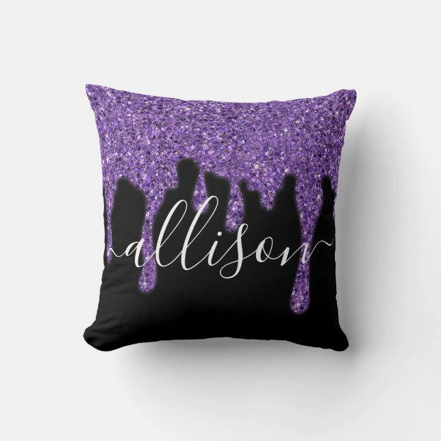 Purple glitter drip personalised cushion (Front)