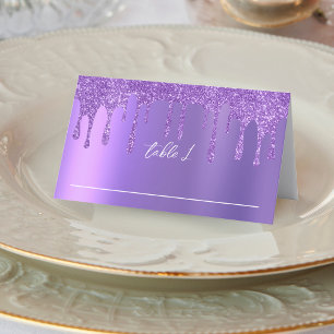 Purple Glitter Drip Wedding Reception Place Card