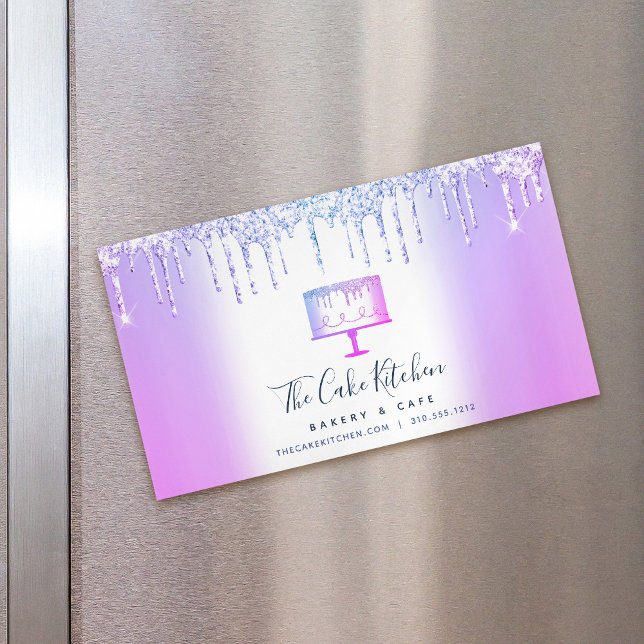 Purple Glitter Drips Cake Bakery Pastry Chef Chic Magnetic Business Card (Creator Uploaded)
