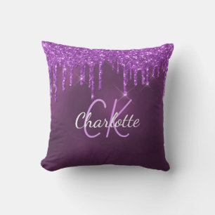 Purple glitter drips custom monogram name cushion