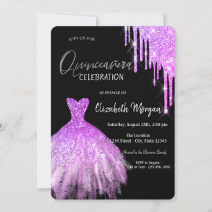 Purple Glitter Drips Dress Black Quinceañera Invitation