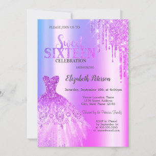 Purple Glitter Drips,Dress Violet Sweet 16 Invitation