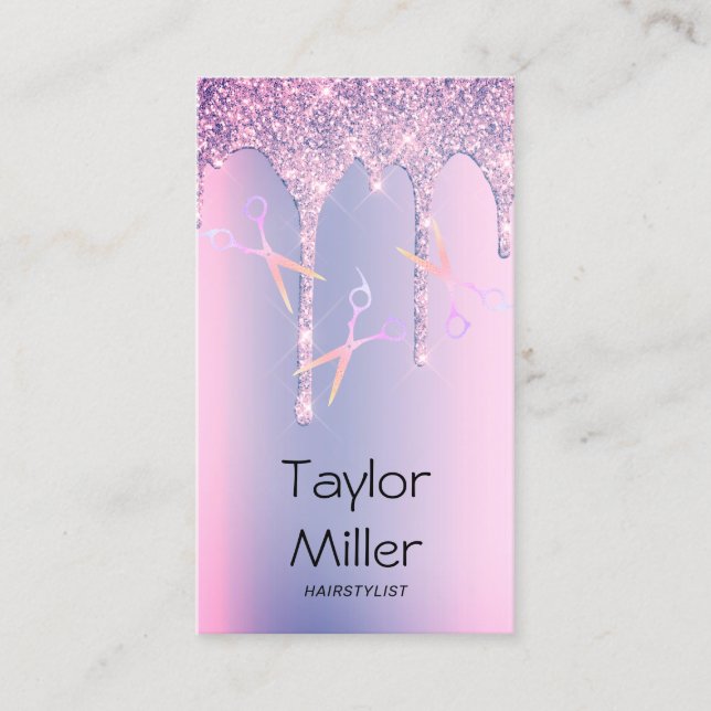 Purple glitter drips holographic scissors hair business card (Front)