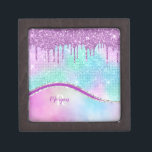 Purple Glitter Drips, Iridescent, Name & Monogram Gift Box<br><div class="desc">Personalise with purple name and white monogram on teal,  blue and purple Iridescent background with Purple Glitter Drips. Click “Edit Using Design Tool” to change colours and type styles.</div>