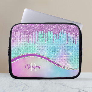 Purple Glitter Drips, Iridescent, Name & Monogram Laptop Sleeve