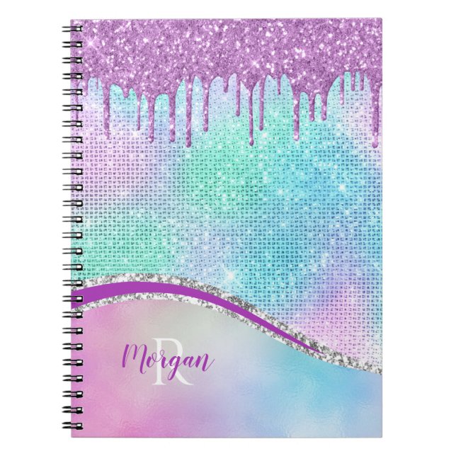 Purple Glitter Drips, Iridescent, Name & Monogram Notebook (Front)