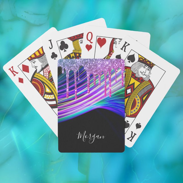 Purple Glitter Drips, Light Rays, Name on Black Playing Cards (Creator Uploaded)