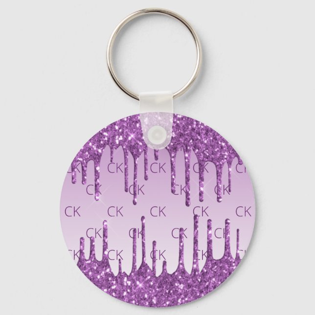 Purple glitter drips monogram initials key ring (Front)