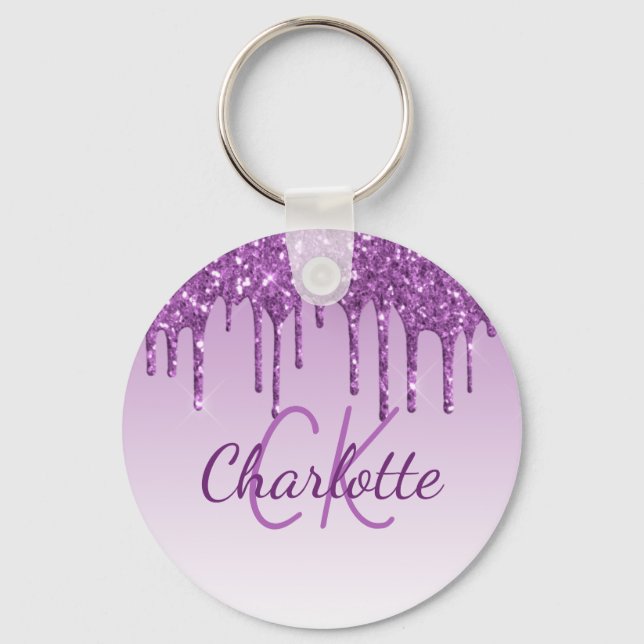 Purple glitter drips monogram initials name key ring (Front)