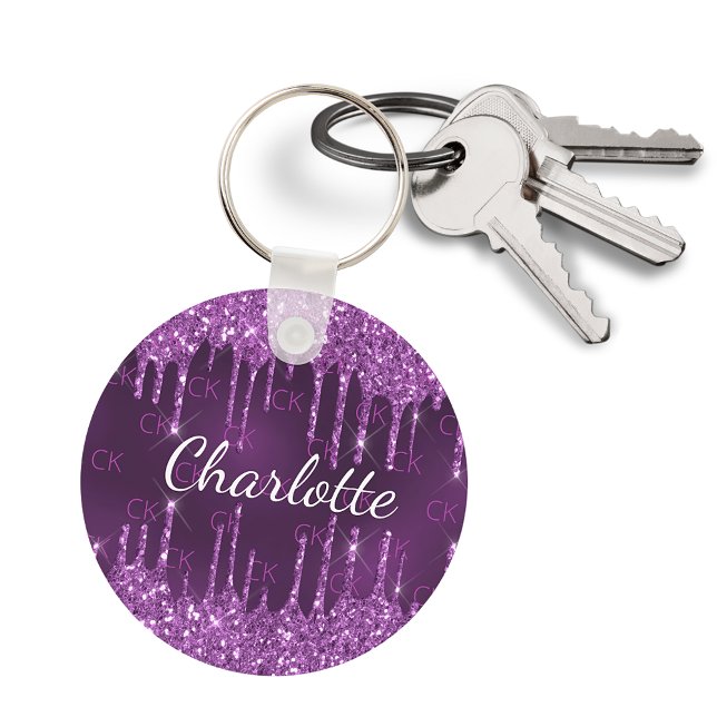 Purple glitter drips monogram initials name luxury key ring (Creator Uploaded)
