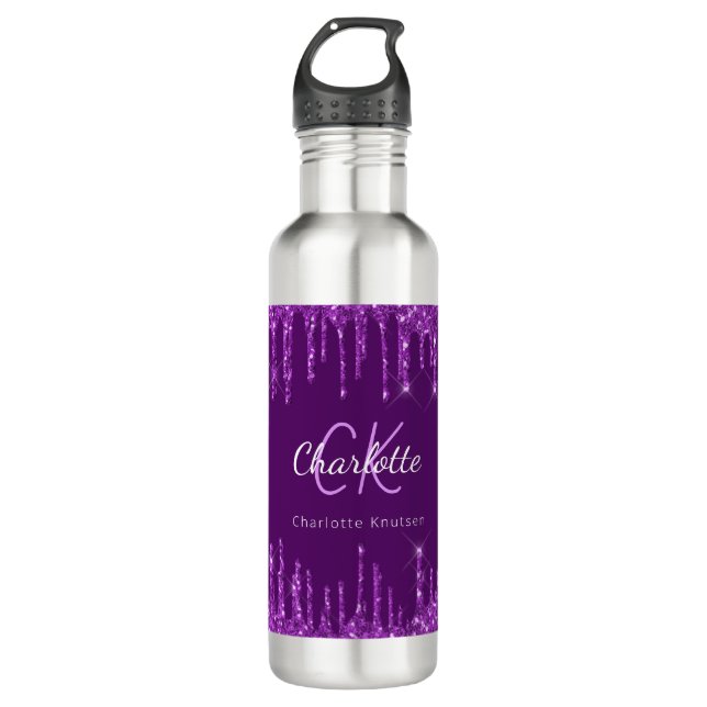 Purple glitter drips monogram name 710 ml water bottle (Front)