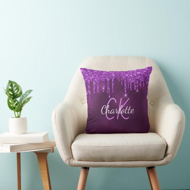 Purple glitter drips monogram name cushion (Chair)