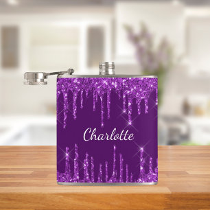 Purple glitter drips monogram name hip flask